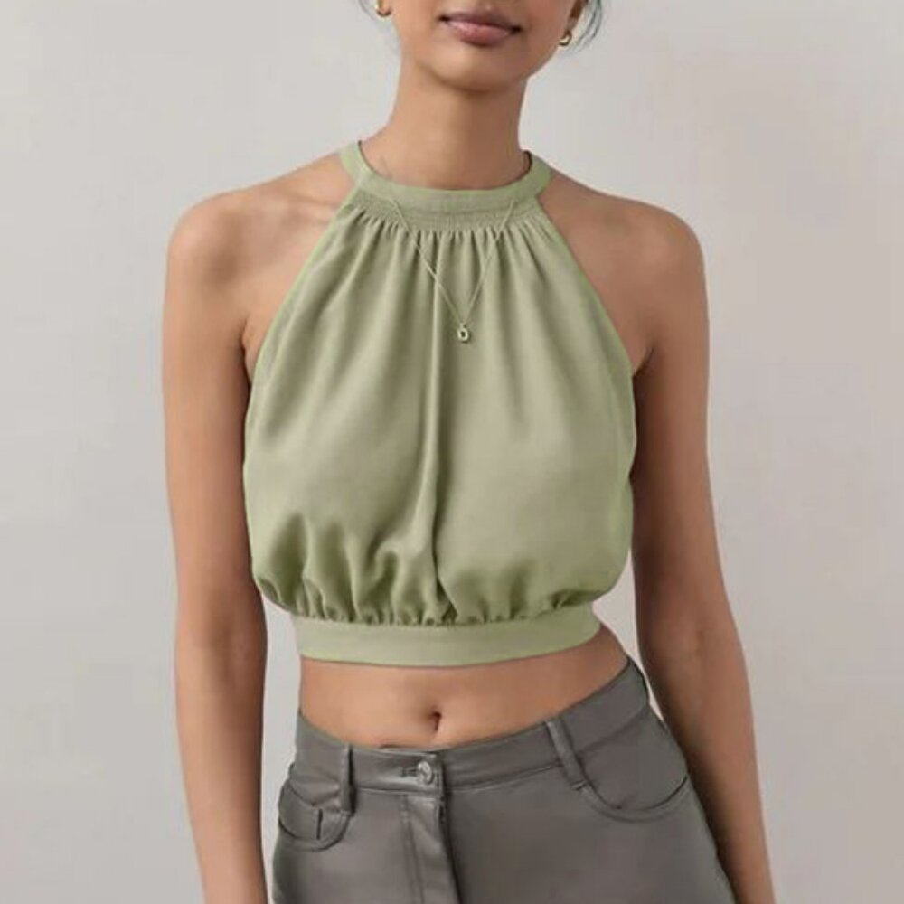 Aritzia Wilfred New Cadence Cropped Halter Blouse, Open Tie Back in Green, sz XS